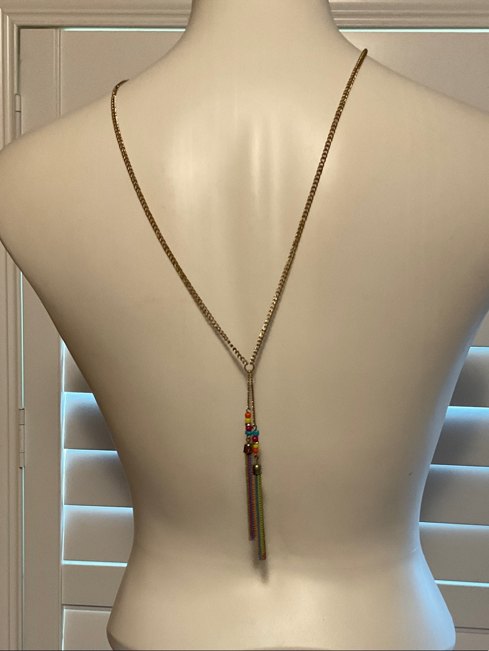 Gold Back Lariat Necklace with Multicolor Bead Tassels